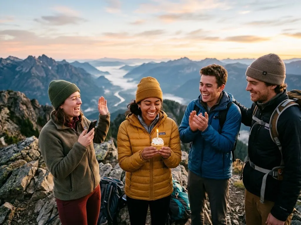 Friends celebrating a birthday at a mountain summit at sunrise holding a cupcake with a candle