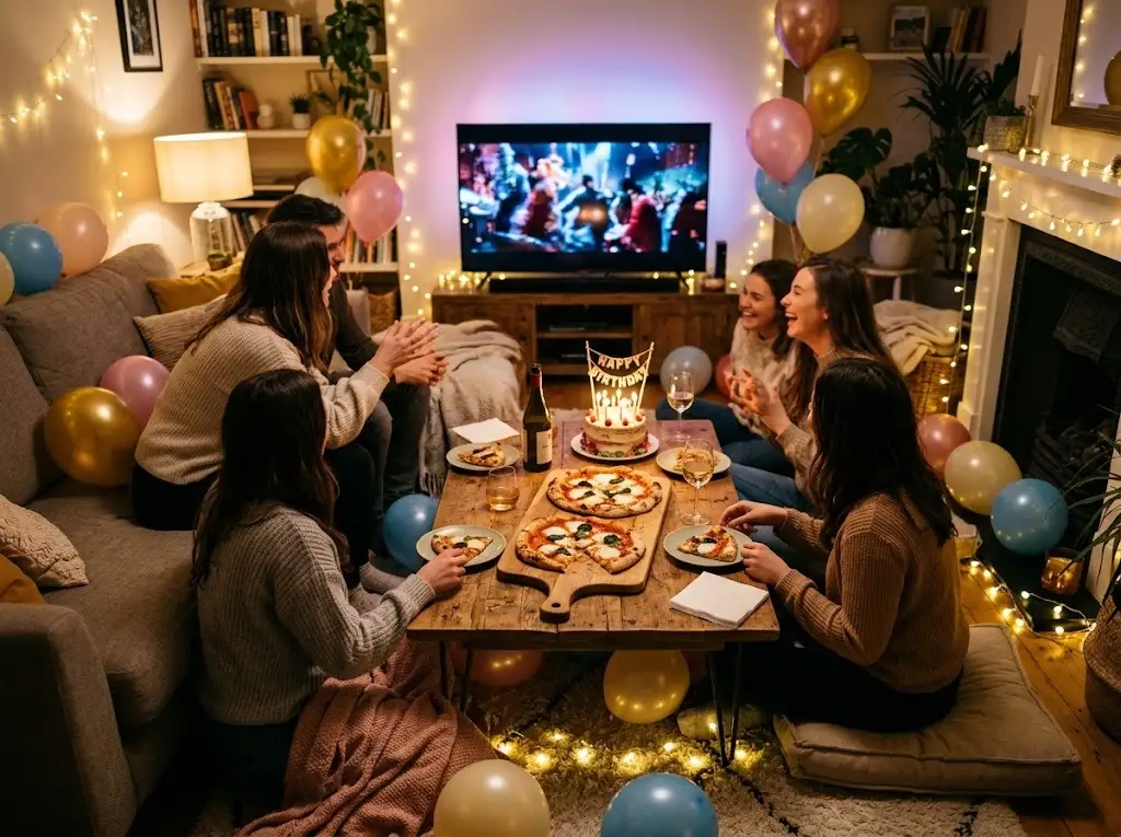 At-home birthday celebration in a living room at night with pizza, balloons, fairy lights and a movie