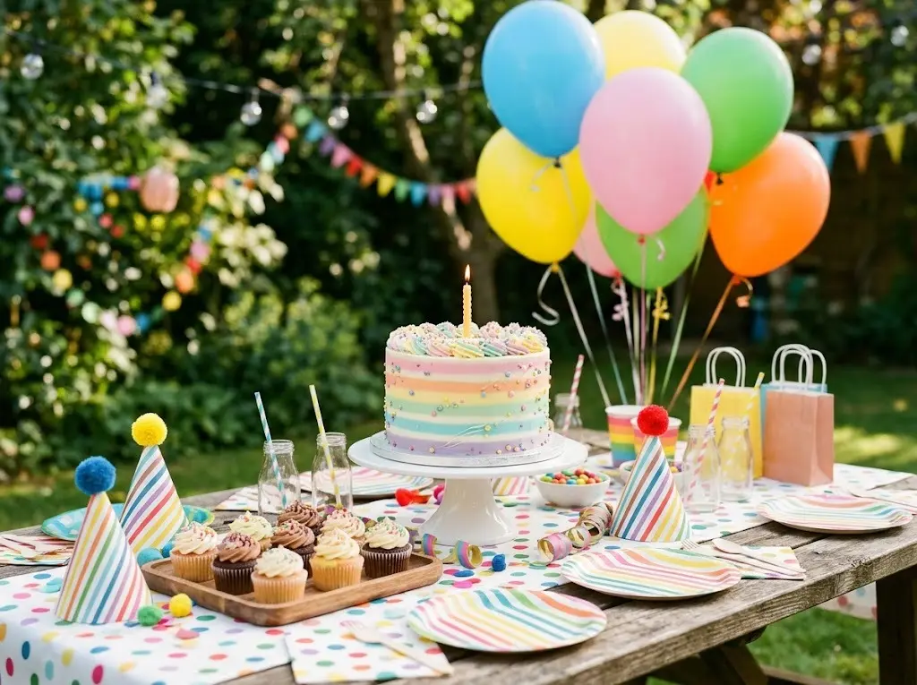 Colorful kids' birthday party table with cupcakes, rainbow cake, balloons, party hats and confetti