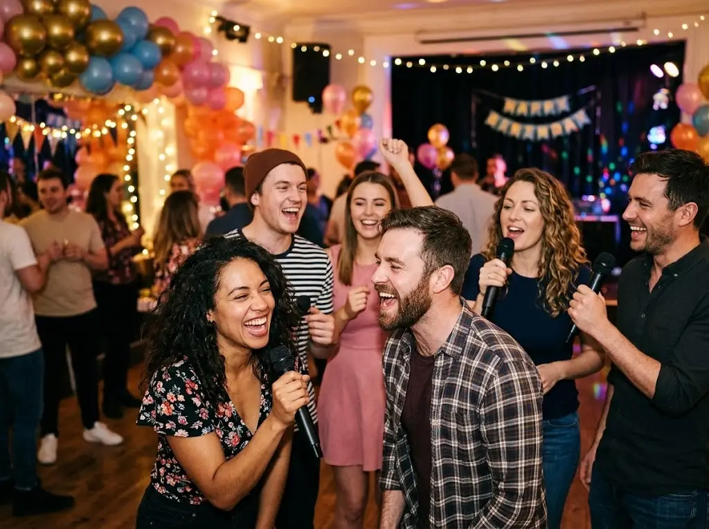Adult friends singing karaoke together at a birthday party with balloons and colorful lights