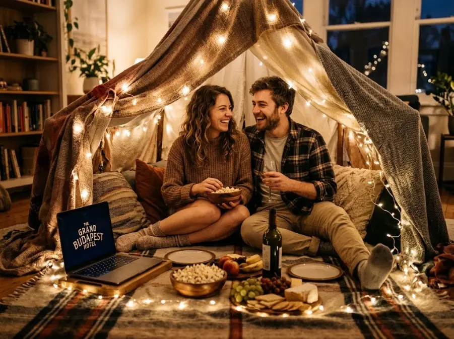 Couple having an indoor picnic inside a blanket fort with fairy lights for a movie date night at home