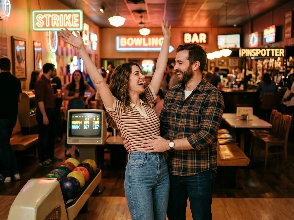 Couple laughing at a retro bowling alley on a fun date night