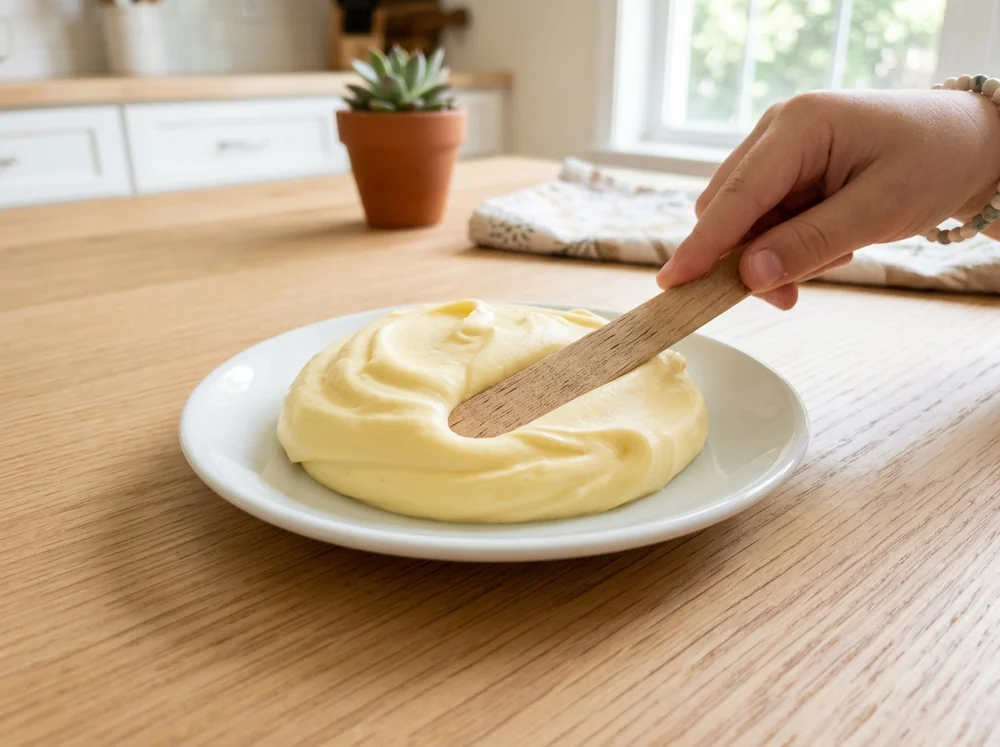 Butter slime recipe result: pale yellow butter slime spread smoothly with a craft stick