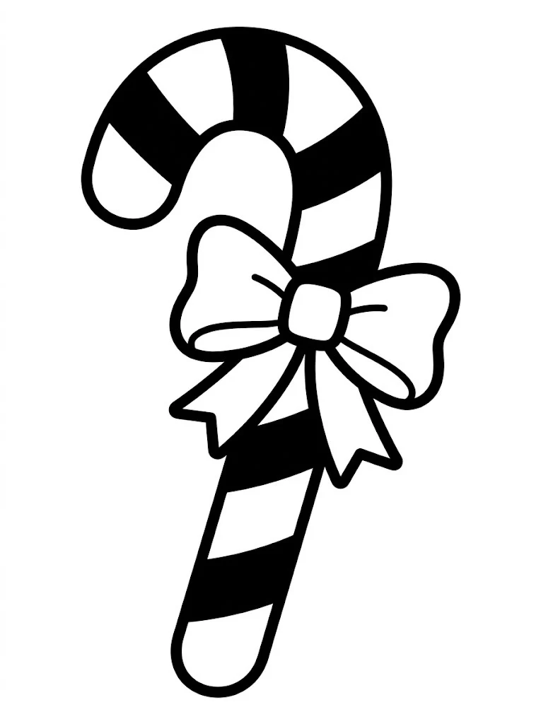 Big candy cane coloring page with wide stripes and a bow