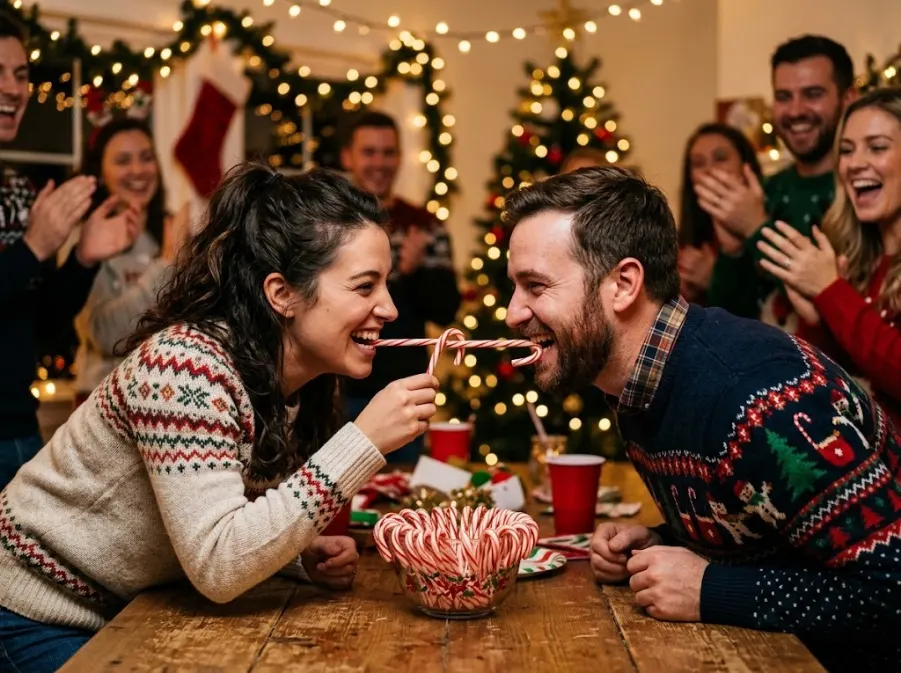 Two adults racing to hook candy canes with candy canes held in their mouths in a Minute to Win It Christmas game
