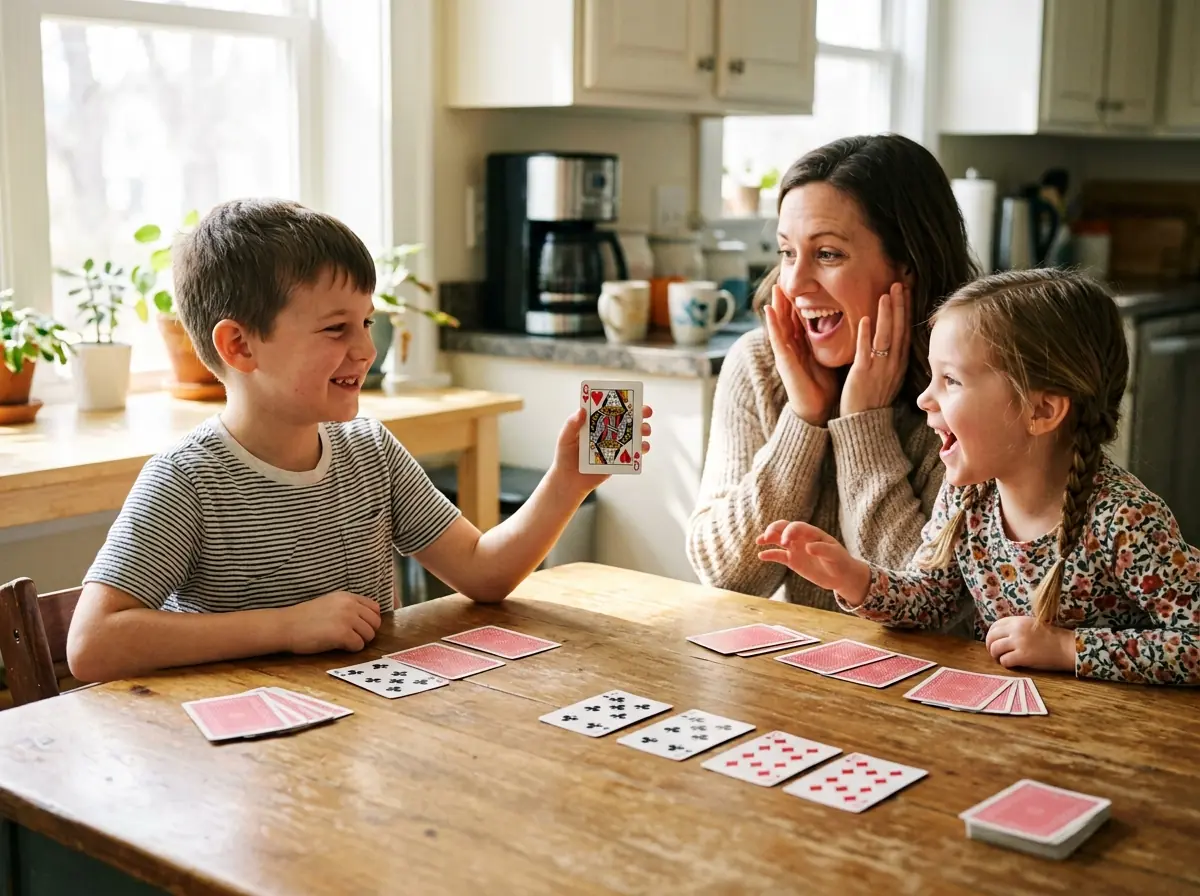 Child performing an easy card trick for their family at a kitchen table