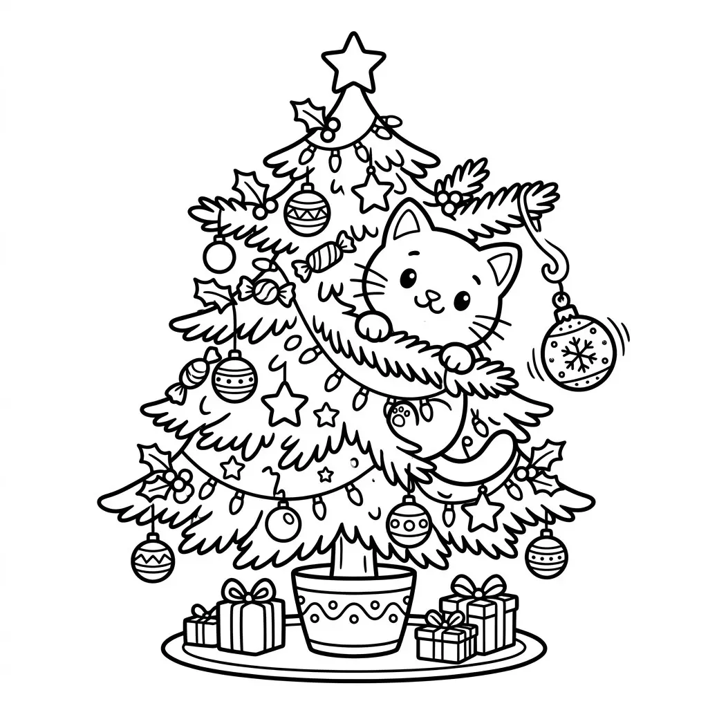 Cute drawing of a cartoon cat climbing a decorated Christmas tree and peeking out from the branches