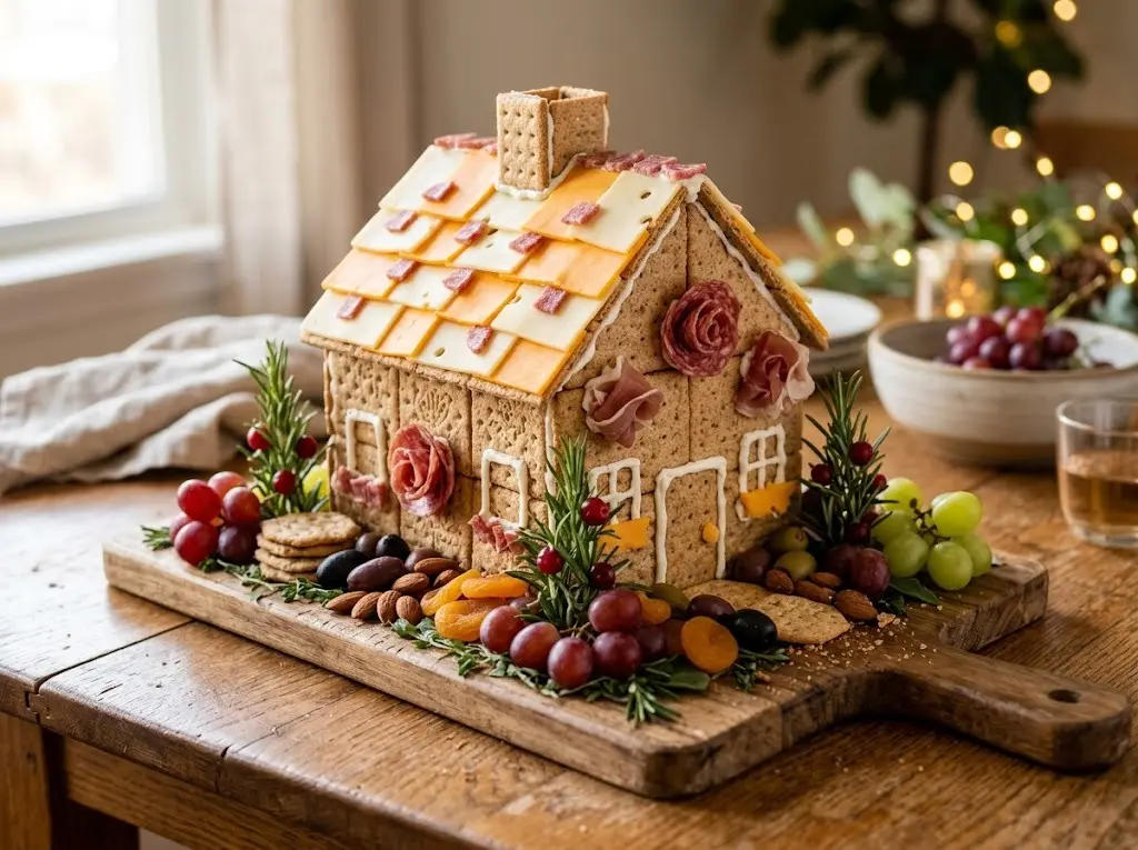 Charcuterie gingerbread house made of crackers with cheese on the roof, salami, grapes and rosemary trees