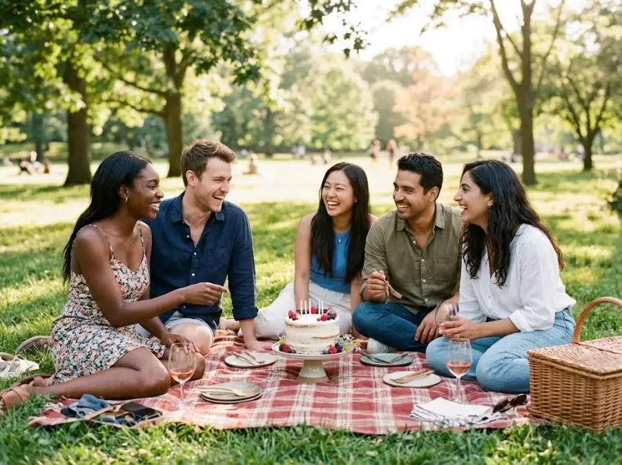 Adult friends having a birthday picnic in a sunny park with a homemade cake on a checkered blanket
