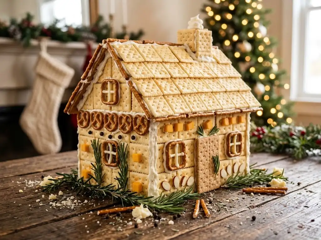 Savory Cheez-It gingerbread house built from square cheese crackers with pretzel trim