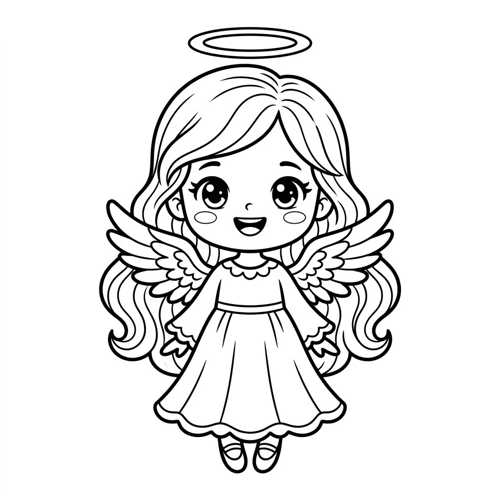 Cute chibi angel girl drawing with long wavy hair, a halo, feathered wings and a flowing dress