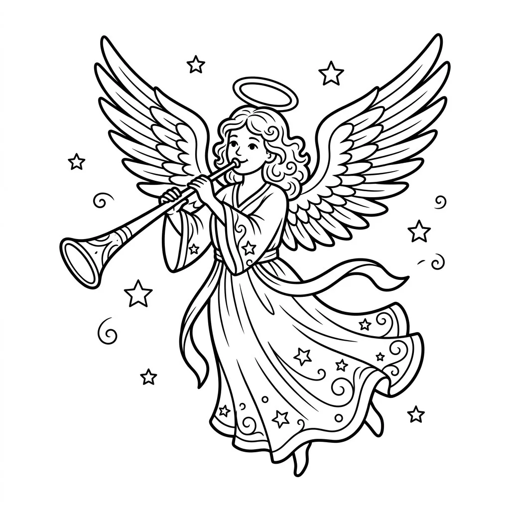Christmas angel drawing playing a long trumpet with a flowing robe, halo and large wings