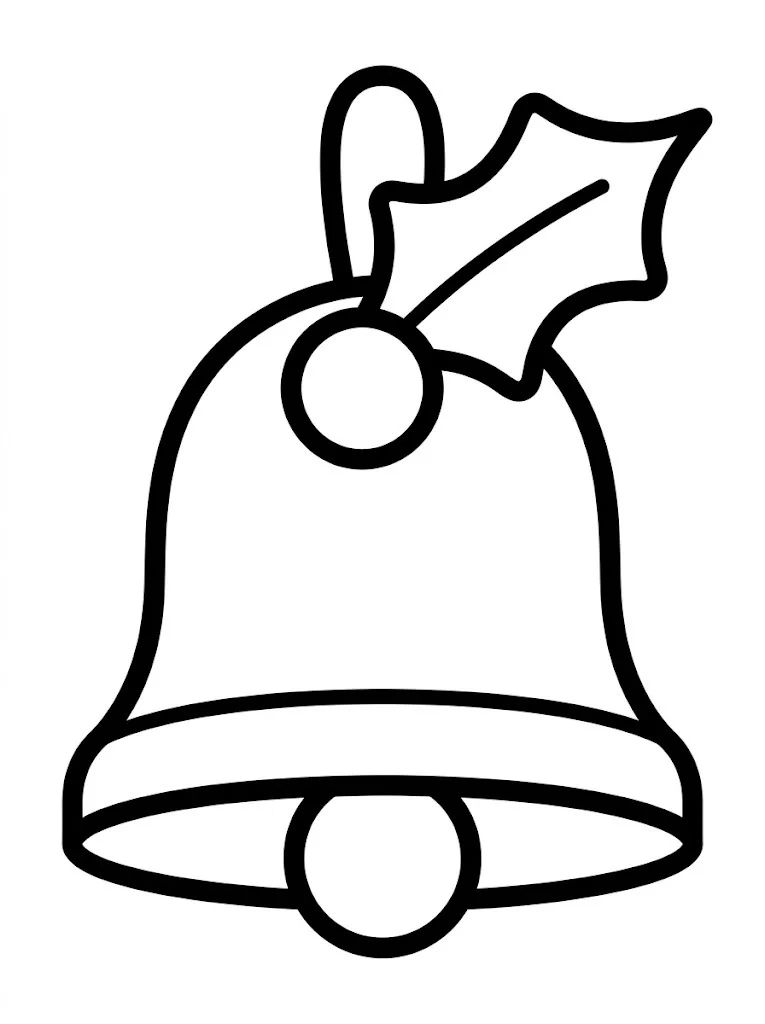 Easy Christmas bell coloring page with a holly leaf on top
