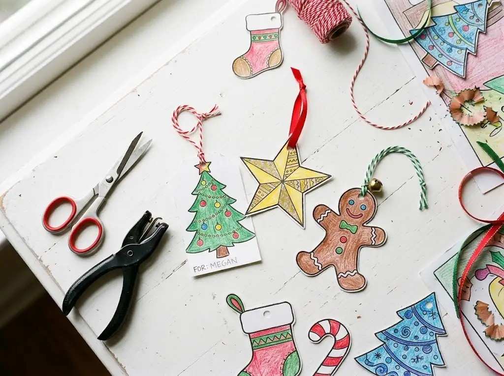 Colored Christmas coloring page cutouts turned into handmade gift tags and paper ornaments with ribbon and twine