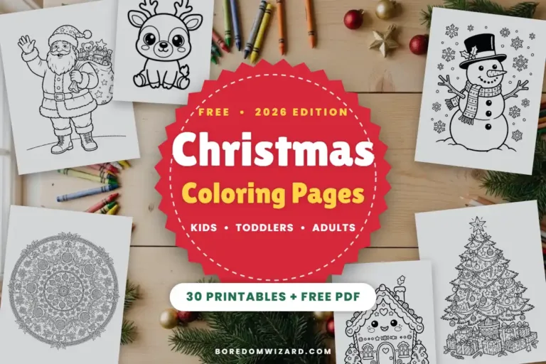 Free Christmas coloring pages 2026 printed and scattered on a wooden table with crayons and ornaments