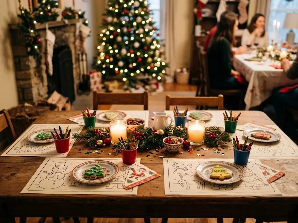 Printed Christmas coloring pages used as placemats on a kids' Christmas dinner table with cups of crayons