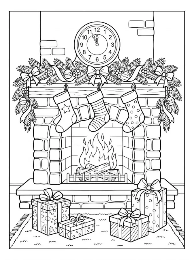 Christmas fireplace coloring page with three stockings, a garland and presents