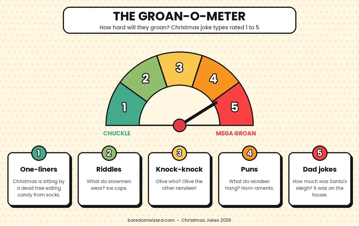 Groan-o-Meter chart rating Christmas joke types from 1 to 5: one-liners, riddles, knock-knock jokes, puns and dad jokes