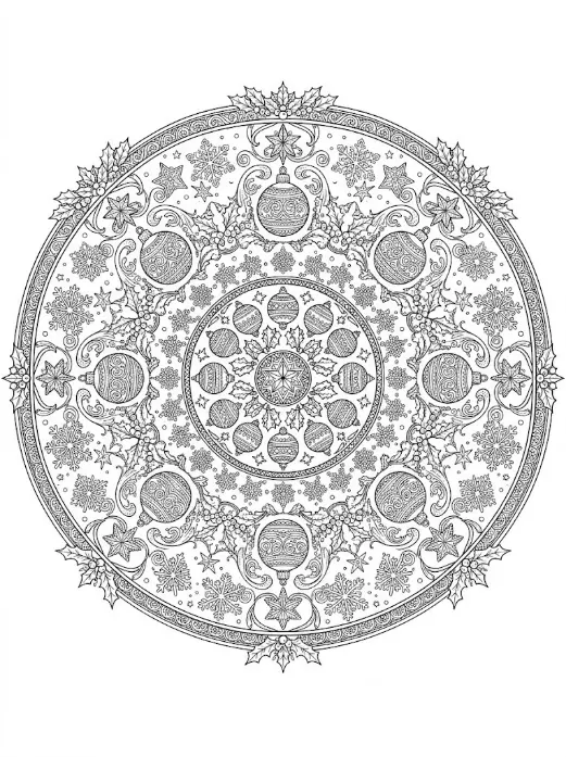 Christmas mandala coloring page made of ornaments, holly, snowflakes and stars in symmetrical rings