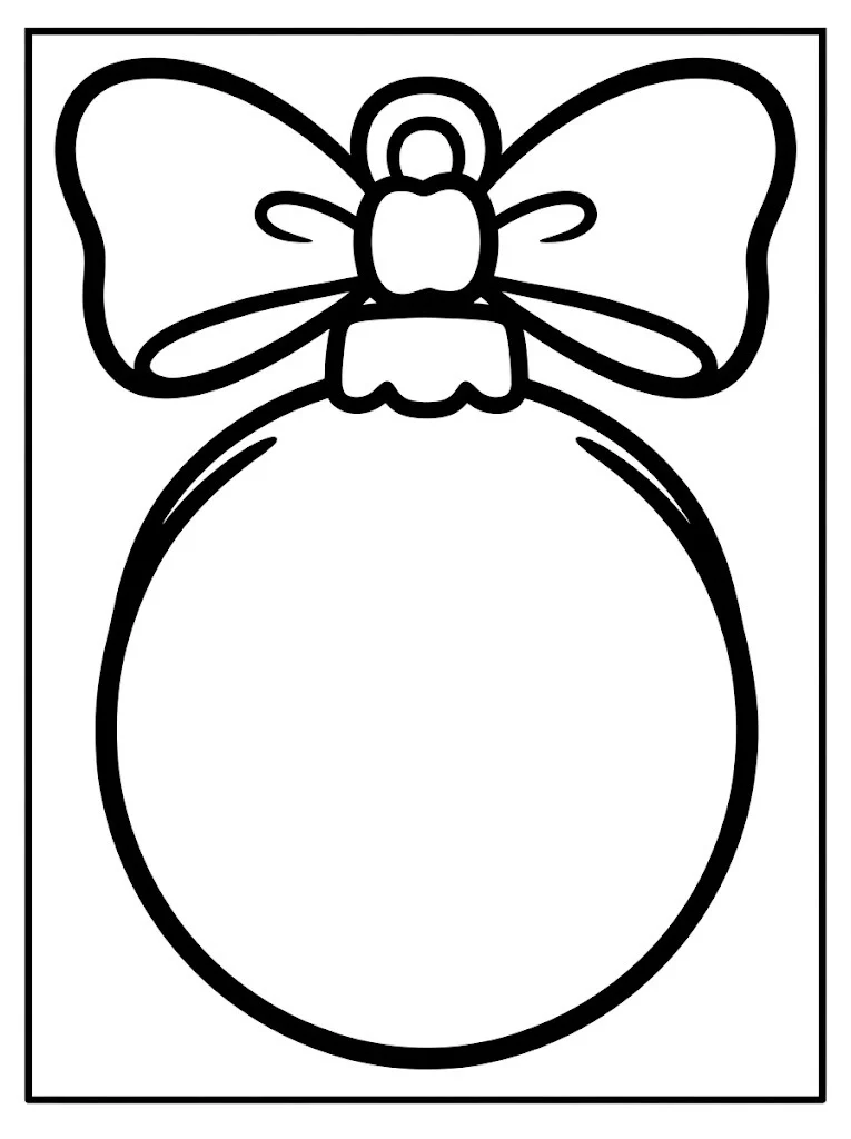 Easy Christmas ornament ball coloring page with a cap and bow for toddlers