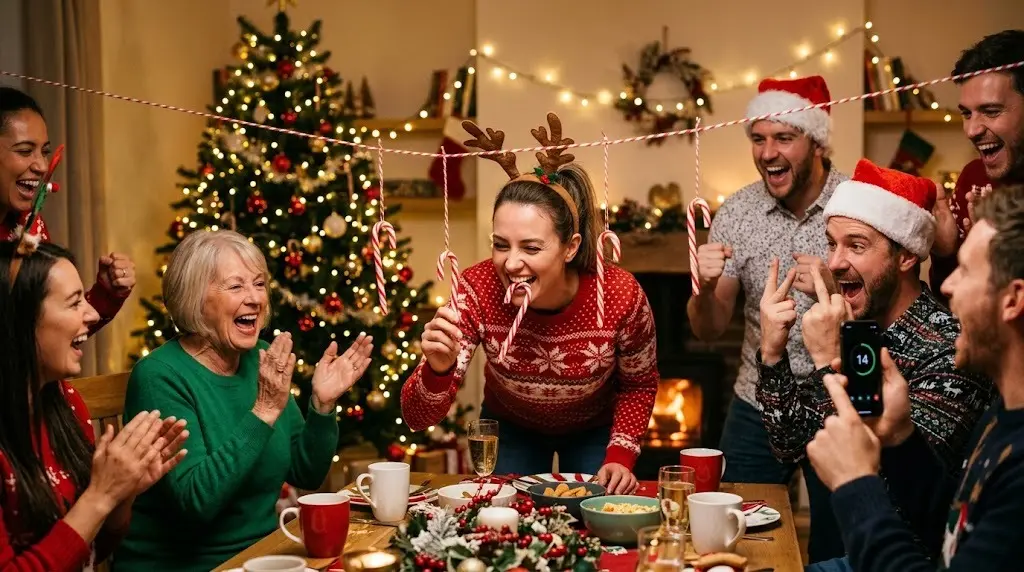 Friends and family laughing at a Christmas party while a woman plays the candy cane Minute to Win It game by a lit Christmas tree