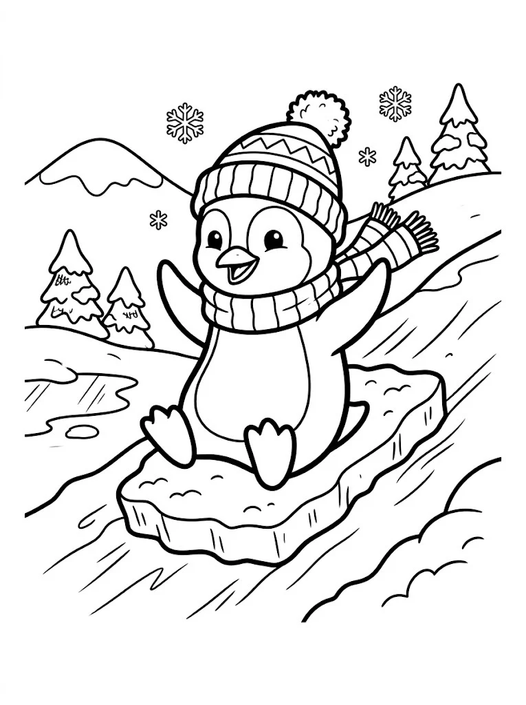 Penguin coloring page wearing a winter hat and scarf sliding on ice