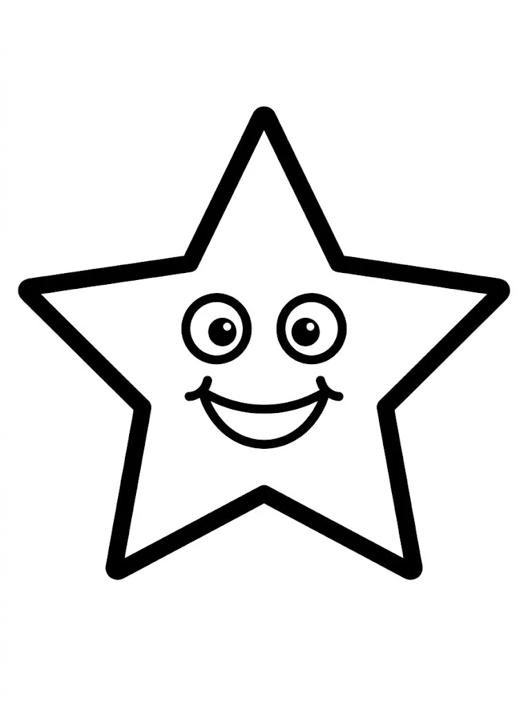 Simple Christmas star coloring page with a smiling face and thick outlines for toddlers