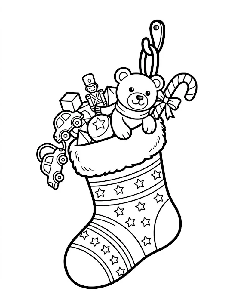 Christmas stocking coloring page filled with a teddy bear, candy cane and toys