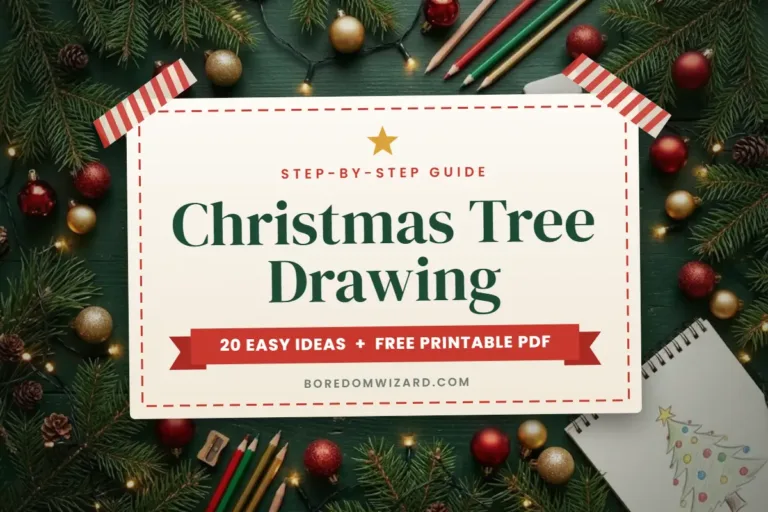 Christmas tree drawing guide cover with pine branches, ornaments and colored pencils around a paper card