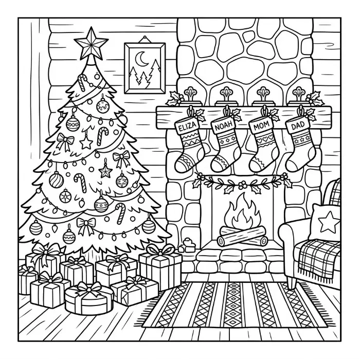 Drawing of a cozy living room with a decorated Christmas tree beside a fireplace with stockings and presents
