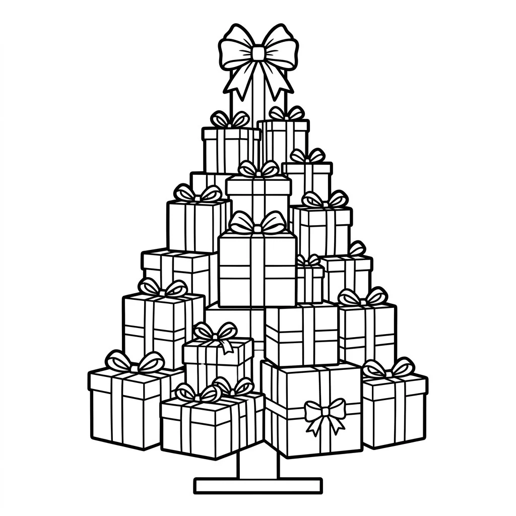 Christmas tree drawing made entirely from stacked wrapped gift boxes with ribbons and a bow on top