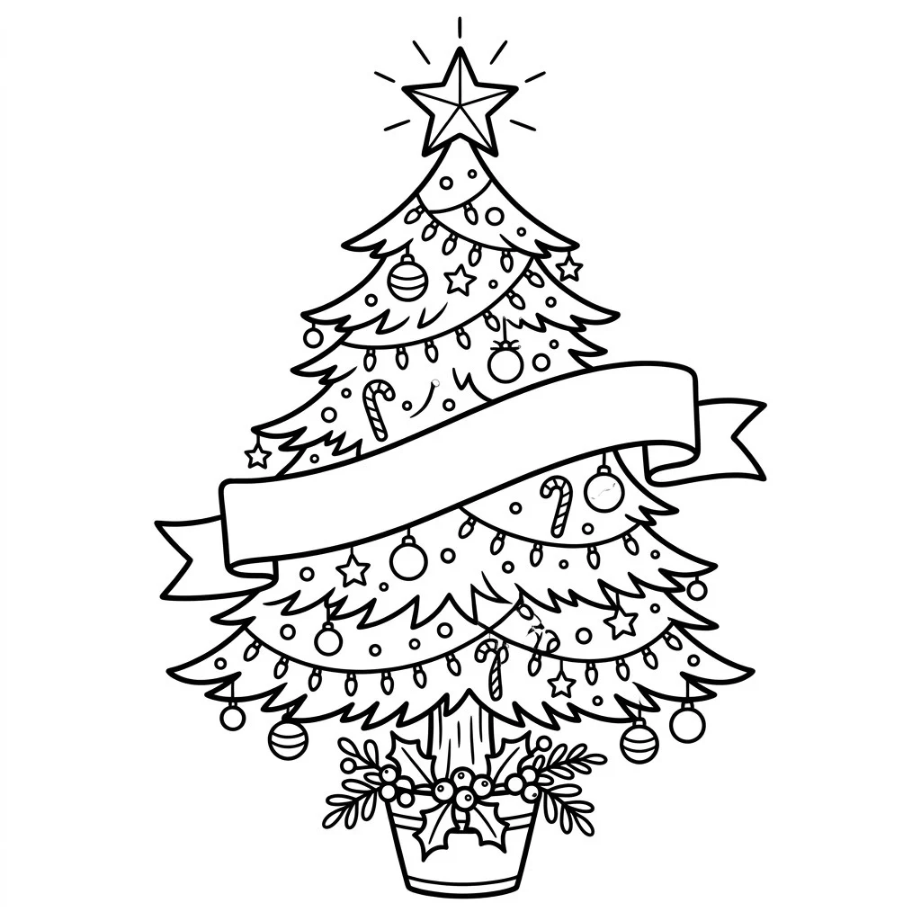 Christmas tree drawing with a blank ribbon banner wrapping across it, a star on top and holly leaves at the base