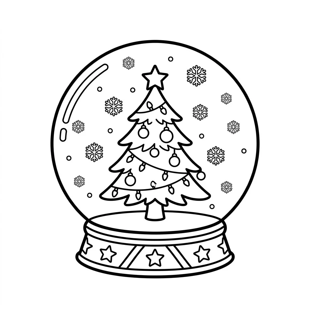 Drawing of a snow globe on a round base with a small decorated Christmas tree and snowflakes inside