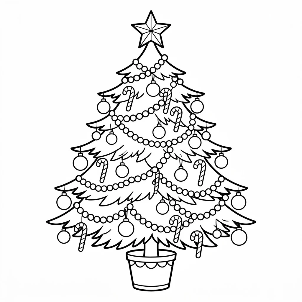 Christmas tree drawing decorated with draped bead garland, candy canes and round ornaments