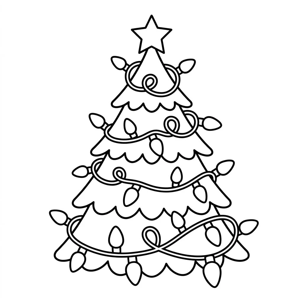Christmas light drawing of a tree wrapped in a looping string of big bulb lights with a star on top