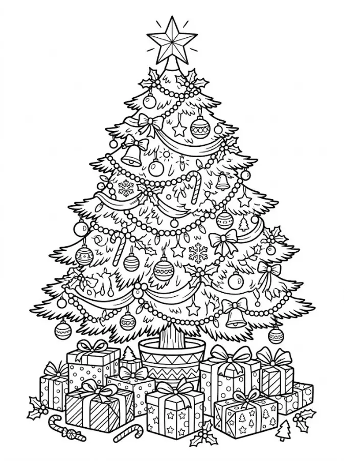 Decorated Christmas tree coloring page with garland, ornaments, a star and presents underneath