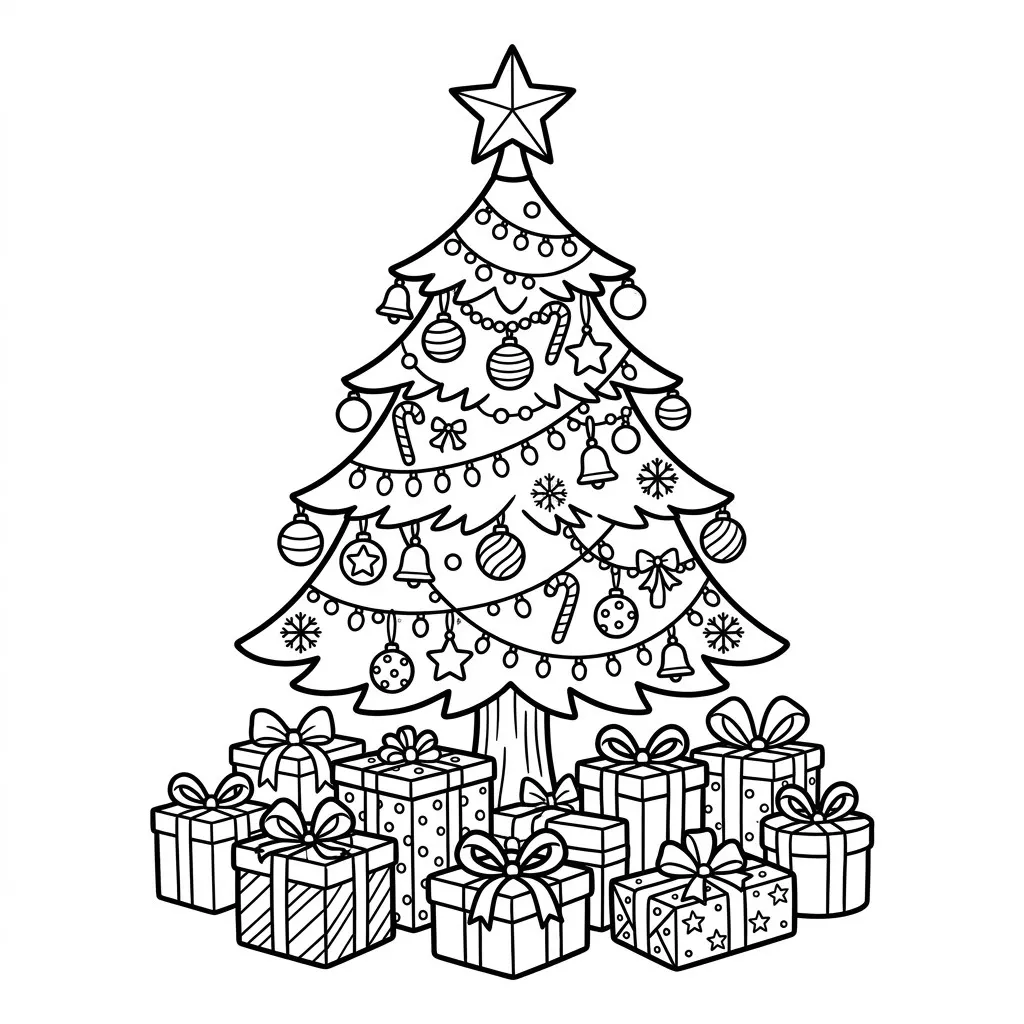 Christmas tree drawing with a pile of wrapped presents and bows underneath and a star on top