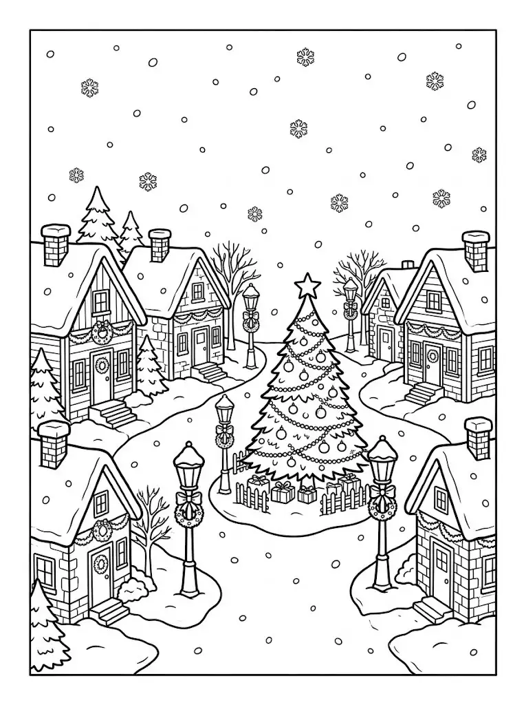 Christmas village coloring page with small houses, lampposts, a decorated tree and falling snow