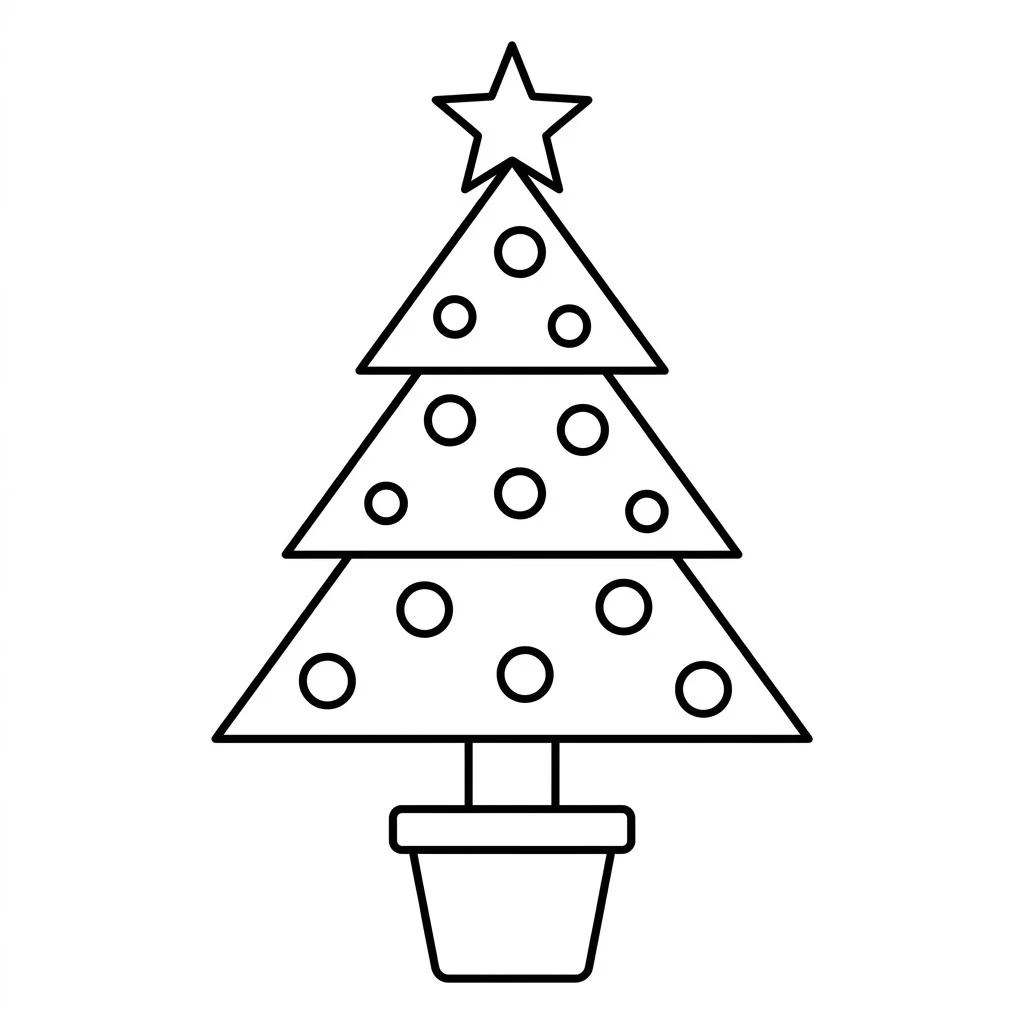 Easy Christmas tree drawing with three stacked triangle tiers, a star on top, round ornaments and a pot