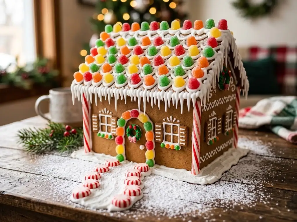 Classic gingerbread house decorated with gumdrops on the roof, candy cane corners, a peppermint path and white icicles