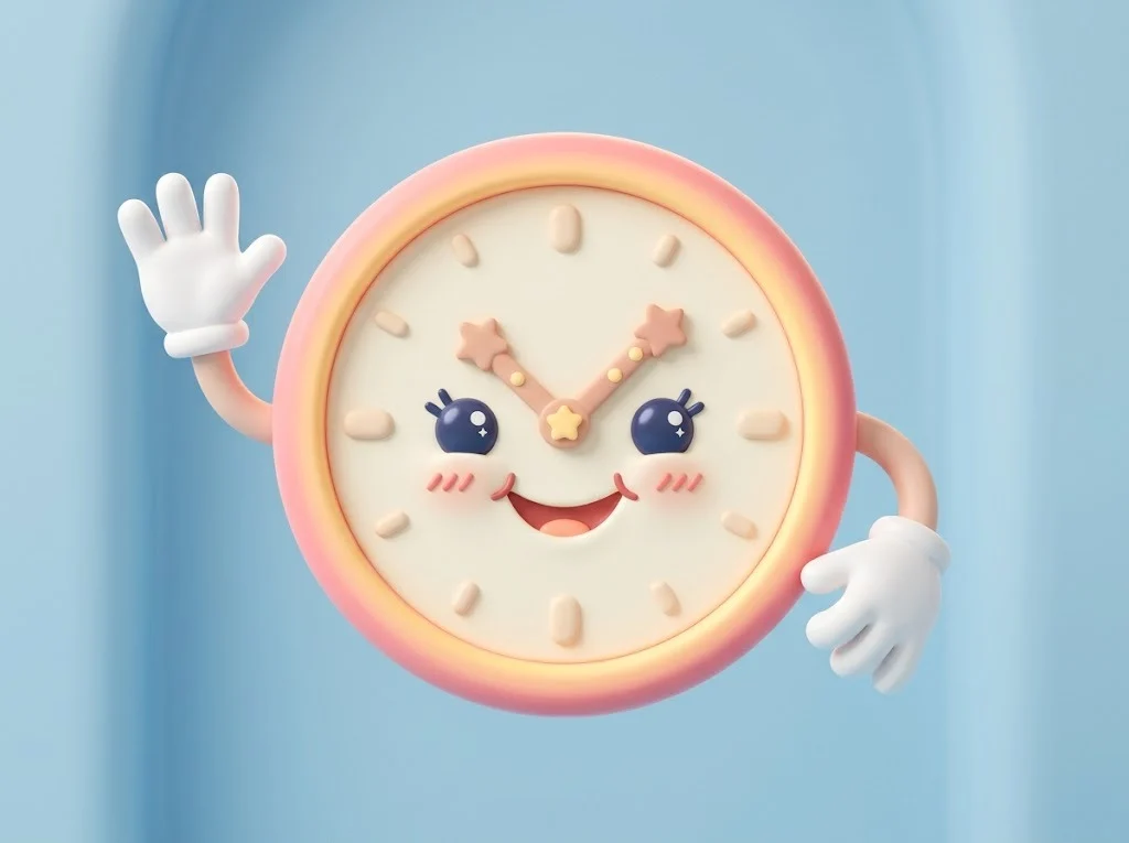 Cute 3D clock character with little arms waving its hands, the answer to the riddle what has hands but can't clap