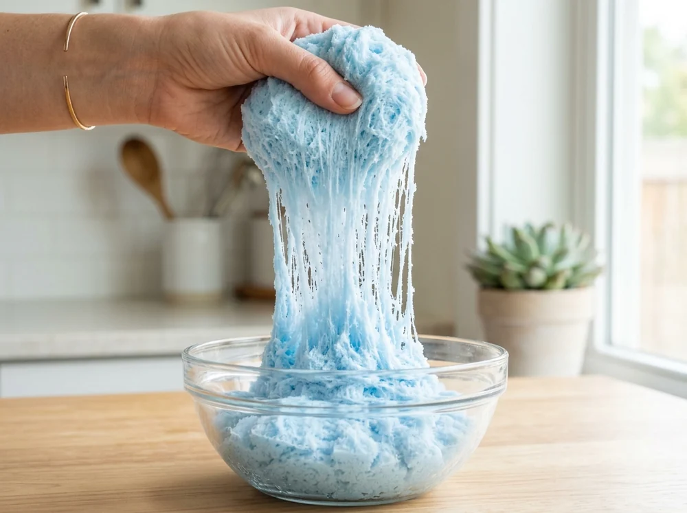Sky blue cloud slime drizzling down in soft fluffy strands from a hand into a bowl