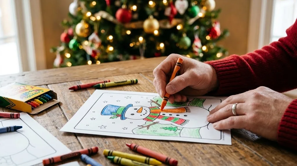 Hands coloring a printed snowman Christmas coloring page with crayons next to a lit Christmas tree