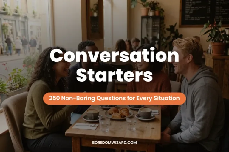 Conversation starters featured image: four friends laughing in lively conversation around a cozy cafe table