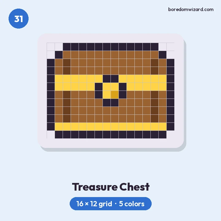 Cool pixel art wooden treasure chest with gold bands and a keyhole lock on a 16 by 12 grid