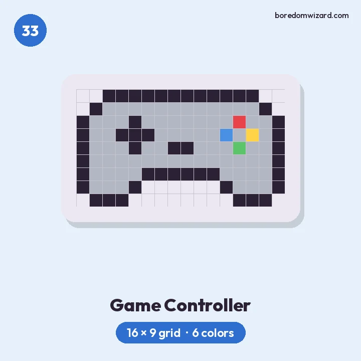 Cool pixel art gray game controller with a d-pad and four colored buttons on a 16 by 9 grid