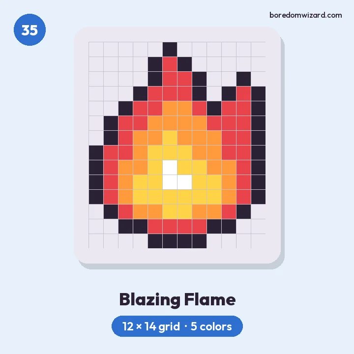 Cool pixel art blazing flame in red, orange, yellow and white on a 12 by 14 grid
