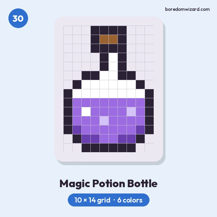 Cool pixel art magic potion bottle with purple liquid, bubbles and a cork on a 10 by 14 grid