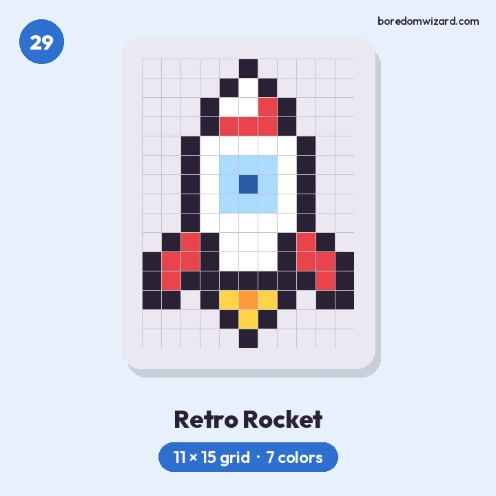 Cool pixel art retro rocket with a red nose, round blue window, red fins and flame on an 11 by 15 grid