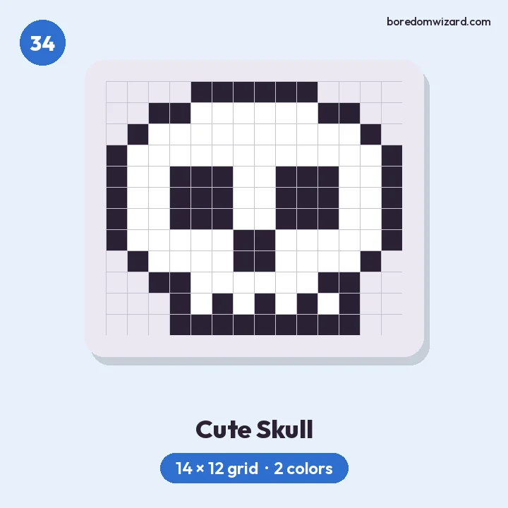 Cool pixel art cute skull with big square eye sockets and teeth on a 14 by 12 grid